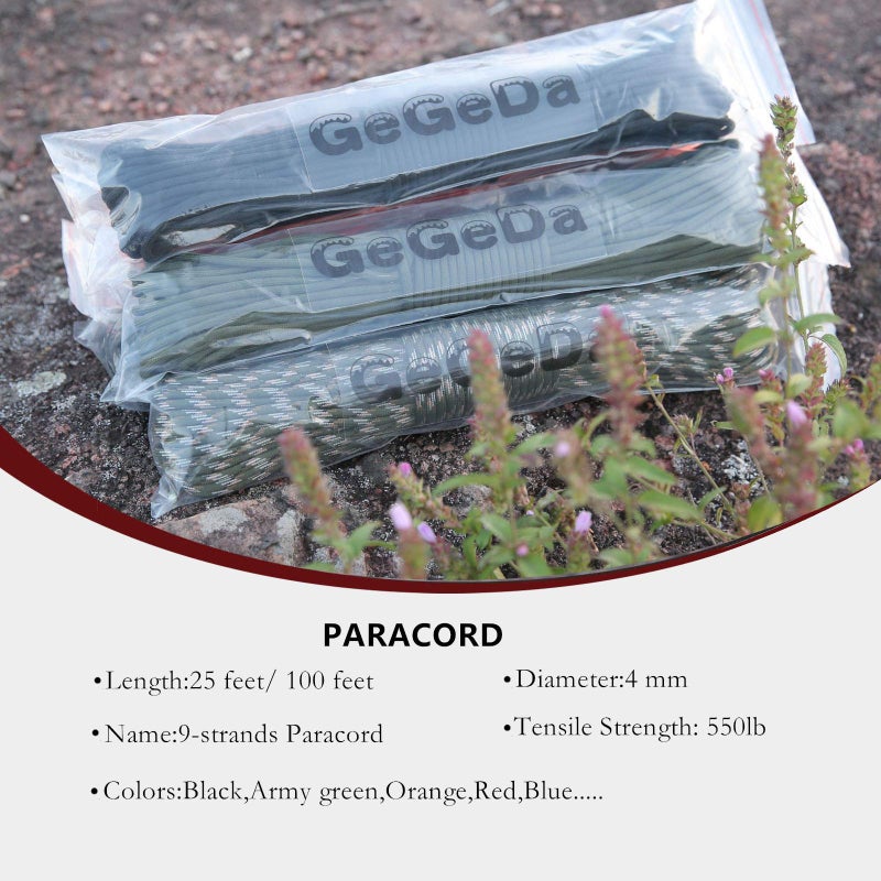 GeGeDa Paracord 9 Core 550 Parachute Cord Camping Rope 100FT (Black, 100feet) - Image 2